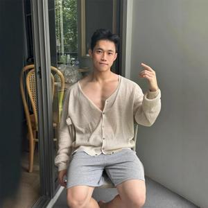 샤오원샵 남성 여름 얇은 리넨 펀칭 빈티지 니트 카디건 캐주얼 브이넥