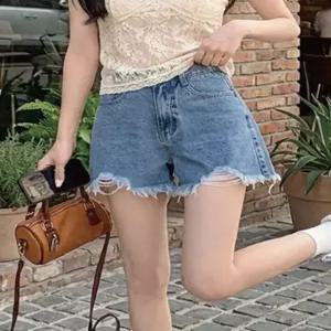 [위드라온]연청 빈티지 데님 여성 숏팬츠 밑단 컷팅 찢청 반바지