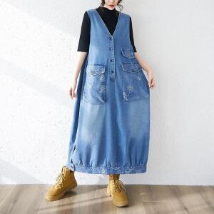 엘럽 여성 봄여름 빅사이즈 티플라워 데님 빈티지 캔버스 빅포켓 브이넥 롱 조끼 꿀템