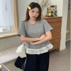 반팔 티셔츠 여성 레이어드 레이스 프릴 이너 티