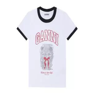 GANNI 가니 키티 프린트 베이비핏 배색 반팔티셔츠 화이트 A1050030
