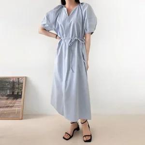 옷자락 여자 여름 휴양지룩 핀턱 퍼프반팔 리본 빅 롱원피스