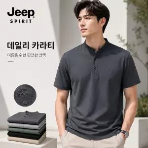 JEEP SPIRIT 남성 여름 스탠드카라 자수 반팔 티셔츠