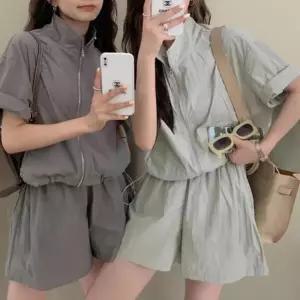 여성 오버사이즈 반팔 집업 아노락 반바지 세트