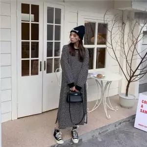 임산부 원피스 스트라이프 피치기모 옆트임 홈웨어