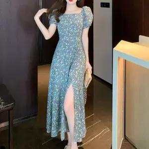 원피스 스퀘어넥 플라워 트임 롱 A라인 퍼프소매