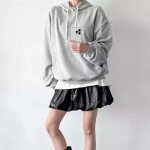 여성 기본 후드 티셔츠 무채색 캥거루 주머니 루즈핏
