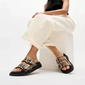 fitflop 여성 GEN-FF 버클 그래픽 웨빙 투 바 슬라이드 - 블랙 FT64K2D185