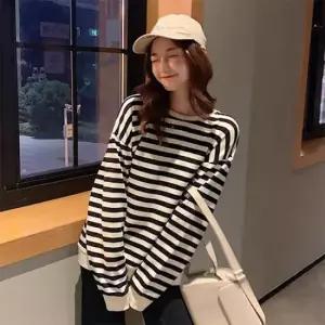 루즈핏 가을 봄 라운드넥 단가라 티셔츠 여자 맨투맨