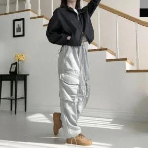 고무줄바 카고 트레이닝 여성 스트링 와이드팬츠 지퍼