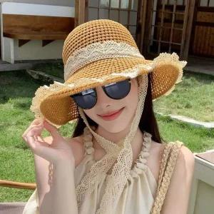 레이스 썸머모자 끈달린 아무 밀짚 모자 라 여름