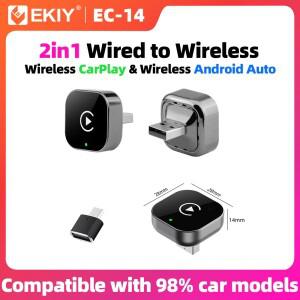 EKIY 무선 카플레이 동글 안드로이드 자동 어댑터 2in1 AI 스마트 박스 유선 용 스마트 시스템
