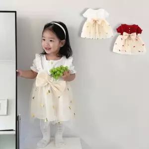 [조이멀티]샤 리본 여아 파인자수 반팔 원피스(90-100) 205423