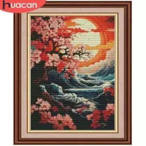 HUACAN 크로스 스티치 키트 꽃 자수 나무 풍경 웨이브 11CT DMC 실 바느질 작업 인쇄 캔버스 홈 데코 셀로