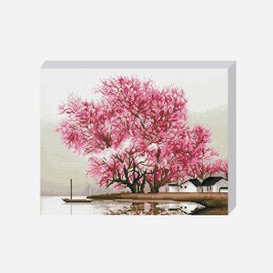 DIY 보석십자수 세트 벚꽃나무와 강 40x50cm 꽃 풍경 캔퍼스 액자형 비즈