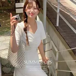 핫핑 [러블리/페미닌] 젤리미 하트 스퀘어넥 셔링 자가드 반팔 롱원피스