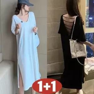(완전 추천) 150kg까지 빅사이즈 1+1 여성 브이넥 등이드러난 펀칭 옆트임 원피스 여름 편한 반팔 롱 박스