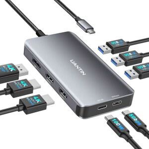 노트북용 UANTIN USB C 도킹 스테이션 듀얼 모니터 어댑터 3개용 8IN1 스테이션 HDMI+DP 2개 포함 4K@60HZ 동글 5GBPS A & C 100W PD 애플호환 DELL hp호환 SURFACE용
