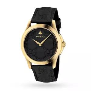 [Gucci] 구찌 YA1264034A 여성용 쿼츠 시계 38mm 블랙색 다이얼 가죽 스트랩 금색 톤