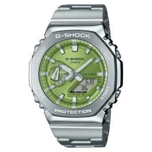 카시오 G-Shock 팔각형 라임 그린 스테인레스 스틸 시계 GM2110D-3A, 실버