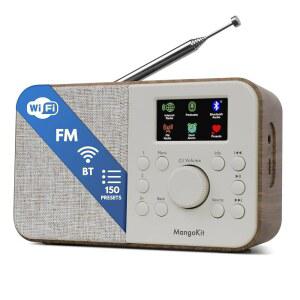 망고킷 SR-L WIFI 인터넷 라디오 팟캐스트 플레이어 블루투스 스피커 150개의 프리셋 휴대용 FM 알람 시계 풀 컬러 디스플레이가 있는 컴팩트 주방 메인 또는 배터리 전원식 호두