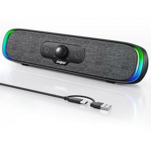 SOULION 컴퓨터 스피커 다채로운 LED 조명이 있는 USB C/USB 전원 PC 데스크톱 노트북 모니터 사무실용 회전 제어 기능이 플러그 앤 플레이 유선 블루투스 사운드 바 음악 블랙 MKY
