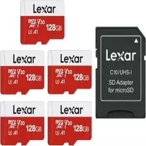 Lexar E-시리즈 128GB 마이크로 SD 카드 5팩 어댑터 포함 microSDXC UHS-I 플래시 메모리 100MB/s C10 U3