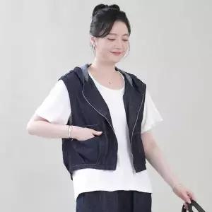 [하프클럽/] 엄마옷 후드 생지 데님 조끼 여성 봄 가을 초여름 청 자켓 숏 지