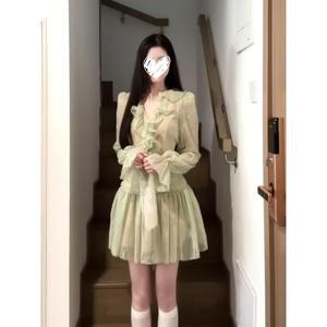 원픽 여성 프렌치 그린 원피스 여름 프릴 레이스 숏 망사 스커트