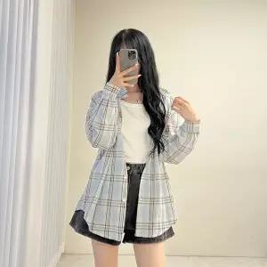 [하프클럽/]여자 여름 커버업 배색 체크 하늘색 긴팔 면 셔츠