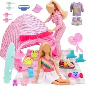 25 PCS 인형 여행 캠핑 텐트 세트 11.5 인치 플레이 스케이트보드 패션 운동 테니스 의류 피크닉 매트 음식