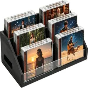 Wanyshapy 나무 CD 보관 랙 및 홀더 선반 데스크탑용 3단 케이스 정리함 솔리드 우드 미디어 DVD 스탠드