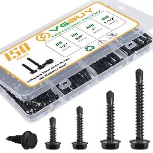 VGBUY 150Pcs 자체 드릴링 나사 모음 키트 410 스테인리스 스틸 탭핑 시트 금속 블랙 아연 도금 8 1/2 3/4