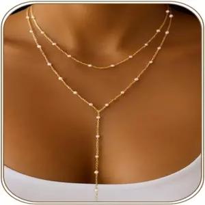 여성용 HAXIYA Lariat 골드 목걸이 14K 도금/은색 Y자형 펜던트 드롭 체인 레이어드 진주/비즈/CZ