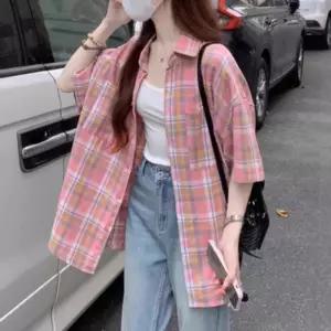 [옷자락]여자 봄여름 데일리 루즈핏 체크 패턴 긴팔 셔츠