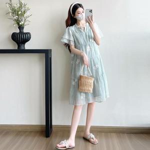 원픽 여성 여름 임부복 자수 쉬폰 날염 소매 원피스