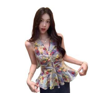원픽 여성 프렌치 빈티지 플라워 블라우스 여름 슬림핏 유니크하고 예쁜 민소매 브이넥 상의