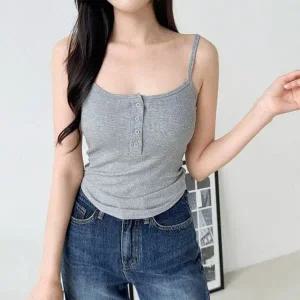 [하프클럽/]버튼 골지 민소매 트렌디 주말룩 티