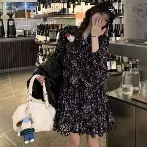 [하프클럽/]퍼프 봄가을 쉬폰 미니 긴팔 베이직 데일리룩 원피스룩