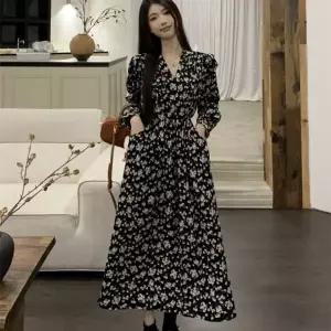 [하프클럽/]봄가을 긴팔 쉬폰 브이넥 플로잉 캠퍼스룩 원피스룩