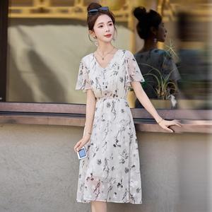 원픽 여성 원피스 여름 반팔 프린트 슬림핏 쉬폰 롱스커트