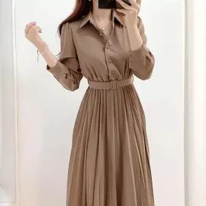 결혼식원피스 우아한 여성 갈색 카라 롱 원피스 가을룩 패션 코디
