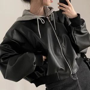 항공 자켓 후드 점퍼 가죽 여성 루즈핏 페이크 오버핏 레더 LND 박시핏