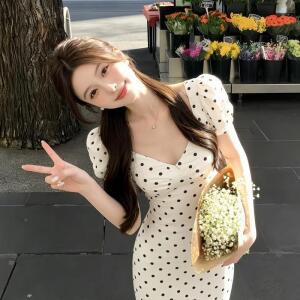 원픽 여성 여름 벌룬 브이넥 슬림 머메이드 롱스커트 프렌치 도트 원피스