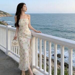 원픽 여성 여름 주름 슬림핏 트임 프릴 롱스커트 프렌치 톱 플라워 원피스