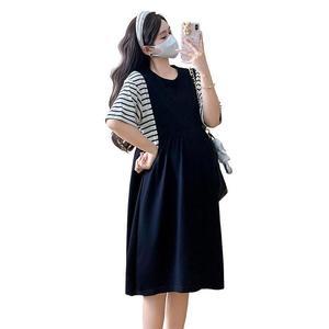 율랑팡 여성 여름 가짜 투피스 스트라이프 임산부 원피스 빅사이즈 중기장 니트 슬림핏 스커트