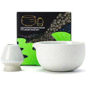 티아나구 말차 그릇 스파우트, 2-PCS 세라믹 말차 그릇 및 거품기 홀더(차완), 스탠드 포함 18 OZ / 510ML 화이트 볼, 녹차 전통 의식 액세서리, 친구를 위한 선물 세트, 말차 세트