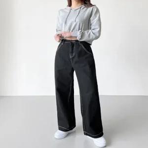여성 2컬러 레트로 스타일 코튼 스티치 일자 데님팬츠 스티치팬츠 여성와이드팬츠