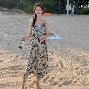 [오르토]원피스 플라워 민소매 바캉스룩 휴양지룩 리본 패턴 롱 원피스