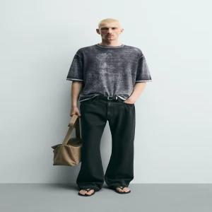 ZARA 워시드 프린트 니트 티셔츠 - 워싱 블루 3920/702/428
